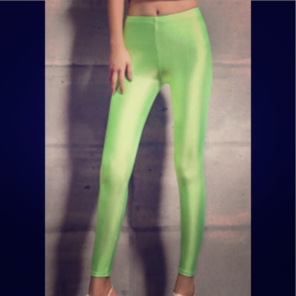 📀 NEON GREEN SHINY DISCO LEGGINGS 📀 - Picture 1 of 7